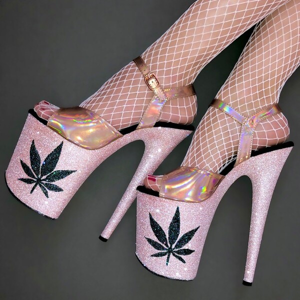 8" White Diamond 420 Rose Gold Holographic Strap Vegan Glitter Heels
