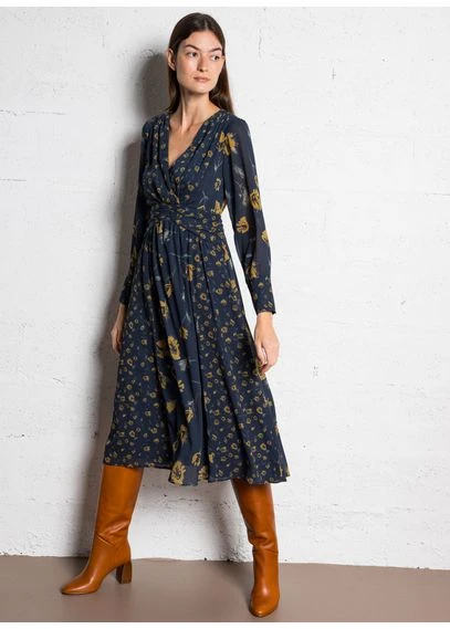 Robe midi décolleté V à imprimé foral | Bleu