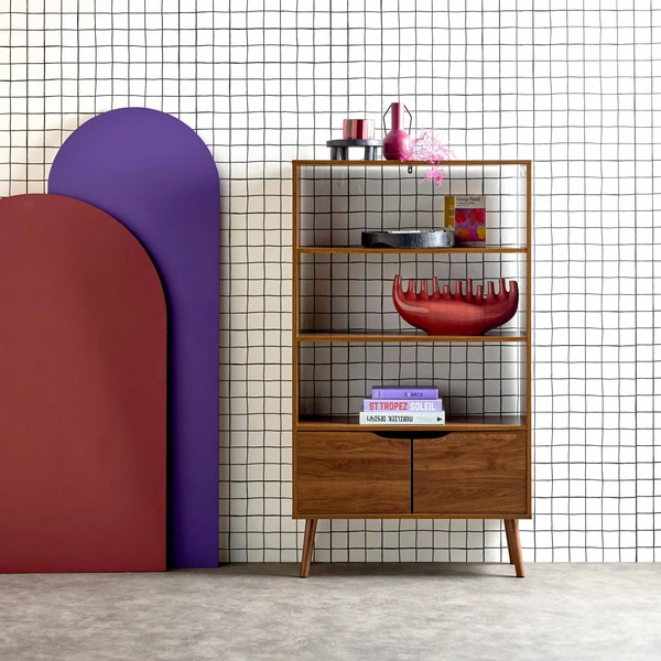 Etagère bibliothèque décor bois de noyer 2 portes 3 niveaux NEPAL