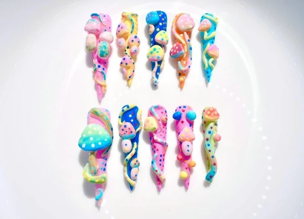 Presse-champignons colorés 3D sur les ongles | Conception de forêt fantastique | Faux ongles longs stylets faits main | Art d'ongle fantaisiste