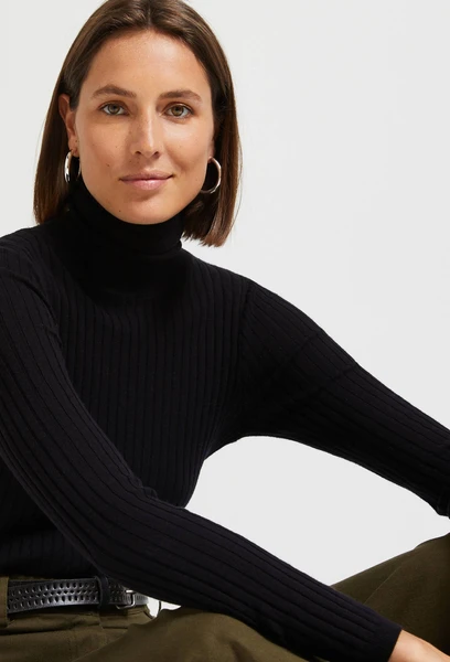 Pull col roulé à côtes uni en coton et cachemire mélangés