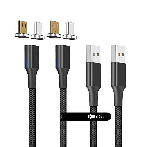 NetDot Gen10 Micro USB &amp; USB-C Câble de Charge Rapide Magnétique Tressé en Nylon avec Del latérale Compatible avec Périphérique Android (1m/2 Paquet Noir)