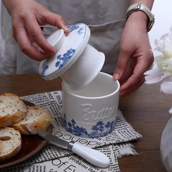 1pièce plat à en céramique avec couvercle - style américain de , design floral bleu et blanc, rangement pour , fromage et plus, plat à pour – maison et cuisine – Temu