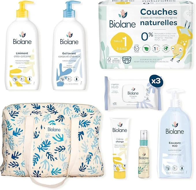 BIOLANE Coffret Maternité - Kit de Soin Bébé Naissance - Sac à langer & soins pour bébé - Couche, Lingettes H2O