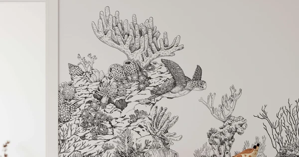 Papier peint panoramique tortue et corail – Fonds marins