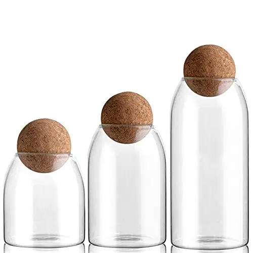 JUVEL Bocaux de Stockage en Verre, 3Pcs Bocal Hermetique, Pot en Verre Borosilicaté, Bocaux Epices, Avec Bouchon en Liège, pour Épices, Sucre, Café, Biscuits, Bonbons