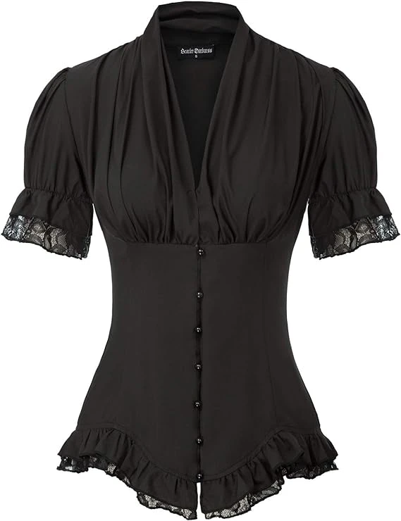 SCARLET DARKNESS Blouse Elégante Gothique Manche Courte Col en V Boutonné Plissée Chic