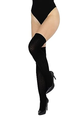 looksy Femmes Cuissardes Épaises Hautes Chaussettes Pull-over à motifs Décontracté Sexy Style de tricot Cosplay Femme Chaudes Longues Bottes Douces Filles Jambières Parigina, noir, taille unique
