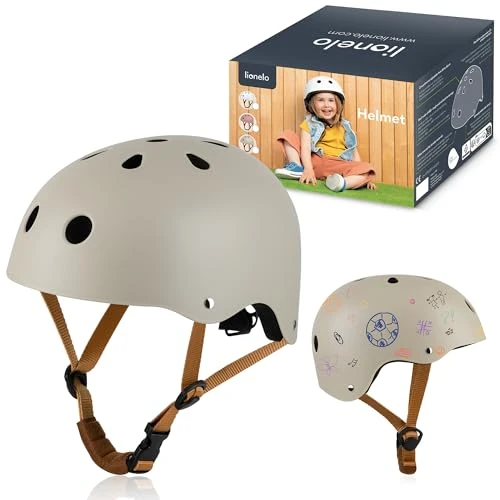 LIONELO Casque Protecteur de Vélo pour Enfants, Réglable 50 à 56 cm, Protège-Menton, Casque Certifié Intertek pour Filles et Garçons, Taille S (Beige)