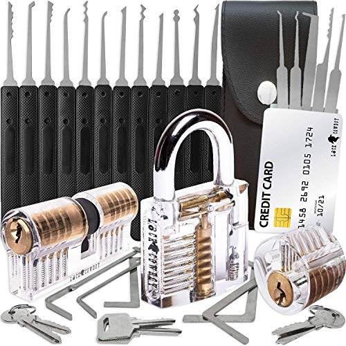 Kit de Crochetage 30 Pièces - 3 Cadenas d'Entraînement Transparents + Lot de Crochetage Carte De Crédit + Bonus Guide Électronique pour Débutant et Serrurier Professionnel de LockCowboy