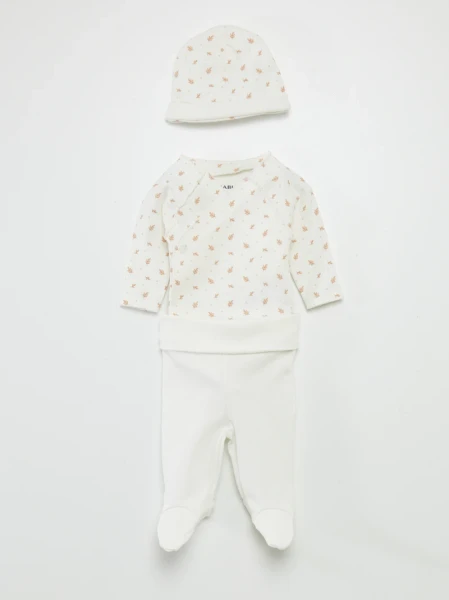 Ensemble body + pantalon avec pieds + bonnet - Blanc 'feuille'