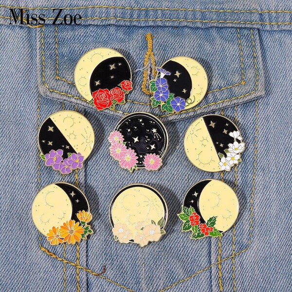 Broches d'astrologie à motif Floral et de lune en émail, broches de croissant de quart de pleine lune personnalisées, Badges de revers, bijoux cadeaux pour enfants et amis