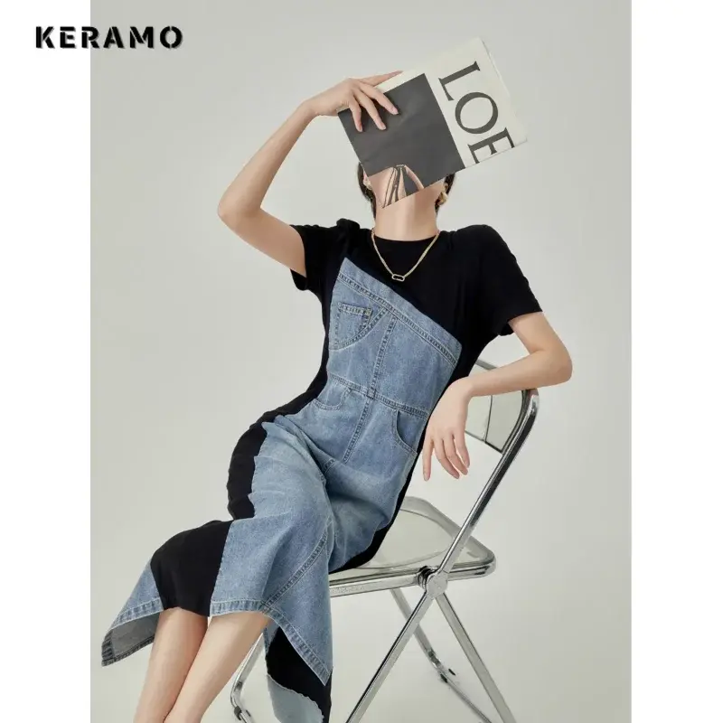 Robe mi longue en denim patchwork, manches courtes, col rond, robe trapèze décontractée | AliExpress