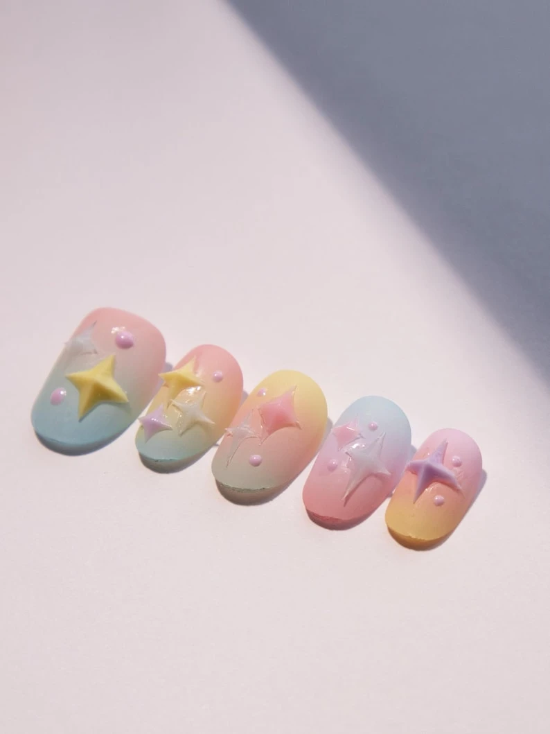 Pastel scintillant à presser, Faux ongles réutilisables faits main, Ongles courts, Bleu ciel, Décorations d'ongles japonaises 3D, Bonbons