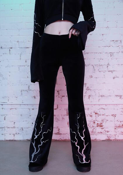 Dolls Kill X Monsters Velour Flare Embroidered Track Pants - Black