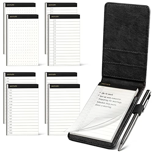 WEMATE Cuir PU Carnet de Poche,Bloc Note,10 Mini Bloc Notes de Poche avec recharges et stylo à bille en métal pour,Petit Carnet de Notes de Poche,pour bureau, école Noir