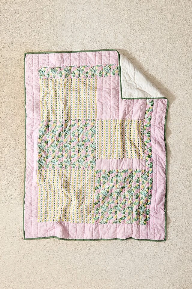 Jeté matelassé patchwork rose et vert