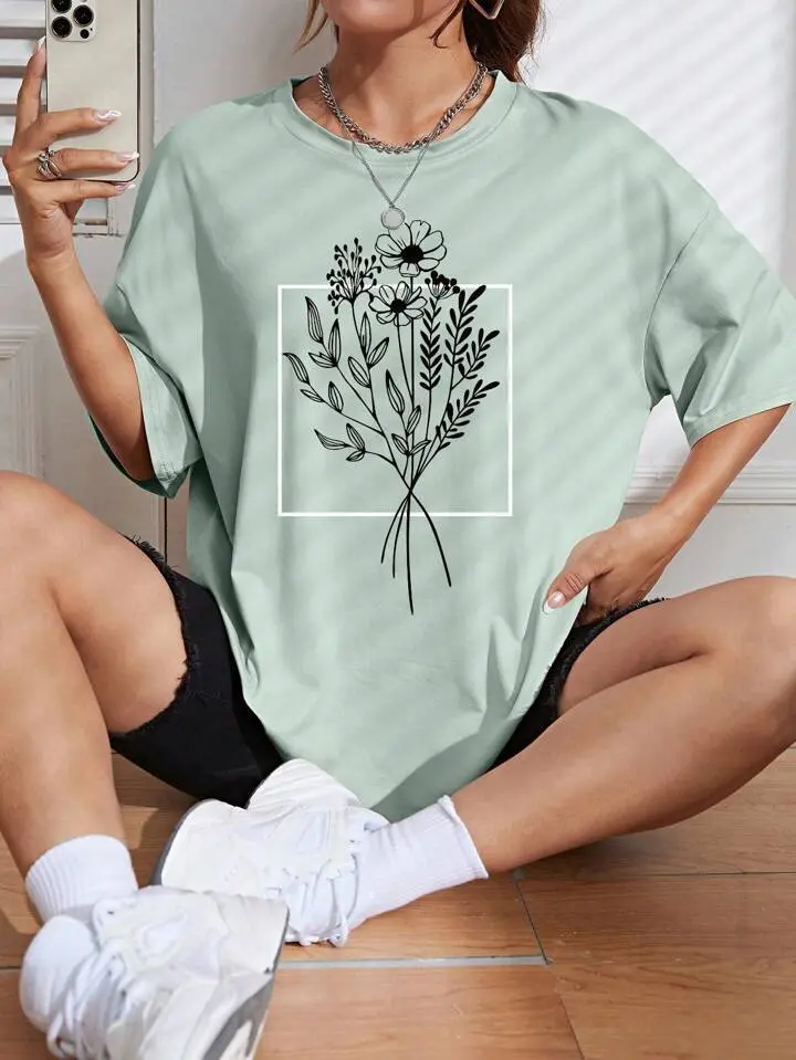 T-Shirt Oversize ImprimÃ© Floral Ãpaule tombante