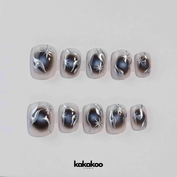 Ongles press-on gris étoiles, set d'ongles artistique fait main