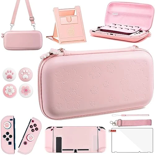 OLDZHU Étui de transport rose pour Nintendo Switch - 10 en 1 Accessoires Pack roses avec Couverture de protection dure,Protecteur d'écran en verre,Support réglable,Capuchons de poignée de pouce