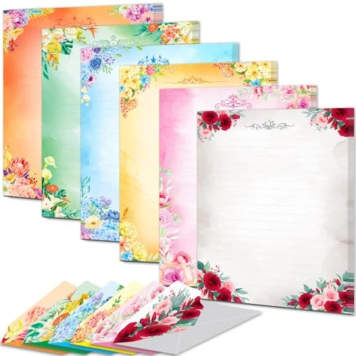 Anzon Mories Lot de 60 feuilles de papier à lettre et enveloppes A4 (2 côtés colorés, 1 côté ligné), 30 feuilles, 30 enveloppes, lettres kawaii, décoration florale