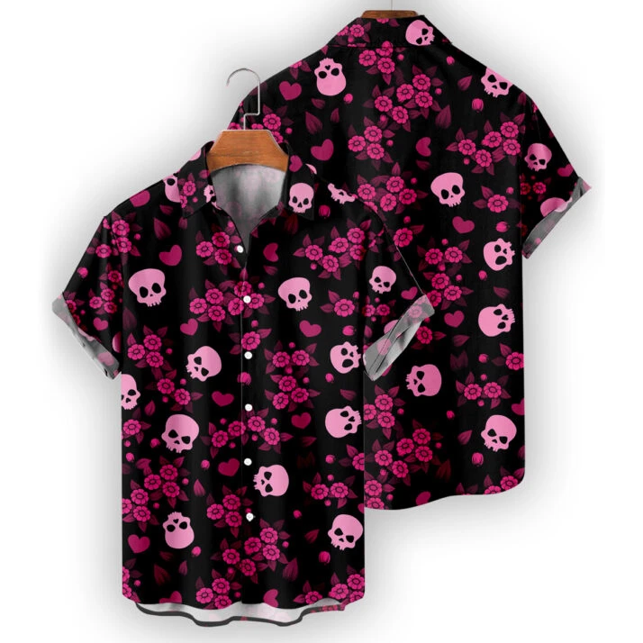 Black Pink Skull Pattern Hawaiian Shirt – Bold Tropical Punk Style