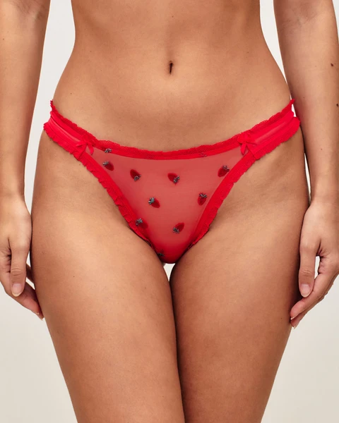 Tanga en tulle avec broderies fraises