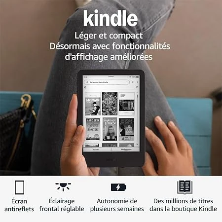 Amazon Kindle (Nouvelle génération) - Le plus léger et compact, avec écran antireflets, changements de page plus rapides et éclairage avant réglable - 16 Go - Avec publicités - Noir