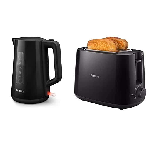 Philips HD9318/20 Bouilloire Plastique Noire 1,7 L, 2 200 W &amp; HD2581/90 Grille-pain Daily Collection, 8 réglages, Access, réchauffe-viennoiseries intégré, Design compact - Noir