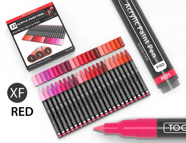 Acrylic Paint Pens 22 Assorted Red And Pink Pro Color Series Specialty Markers Set (0.7mm EXTRA FINE)