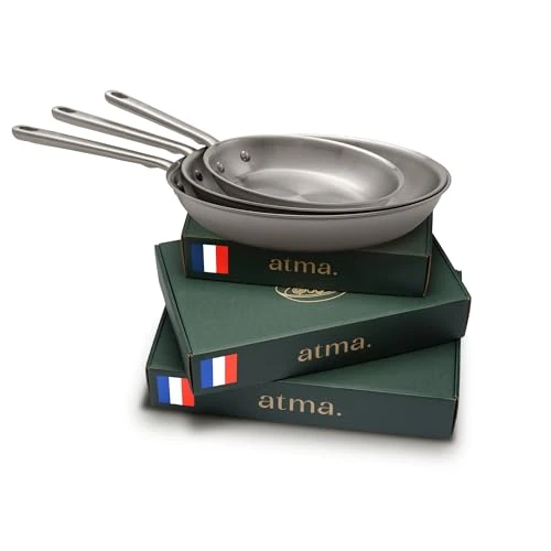 Atma Set de 3 Poêles Inox Triple Couche - Poêles Induction 20, 26 et 28 cm avec Manche Riveté - Sans PFAS ni Revêtement Chimique - Compatibles Tous Feux et Four - Fabriquées en France