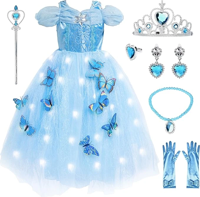JONRRYIN Robe Princesse Fille LED, Robe Cendrillon Fille avec Ensemble Collier Couronne, Deguisement Princesse Cendrillon pour Fille 4-12 Ans Carnaval Anniversaire Fêtes Cosplay