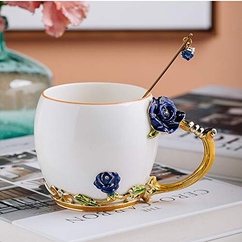 YIUN Fleur tasse de thé, tasse de café, émail Craft Tasse en céramique, tasse Coupe, Coupe émail avec une cuillère, tasse Voyage avec Belle poignée Fleur, Bleu Rose, 320ML.