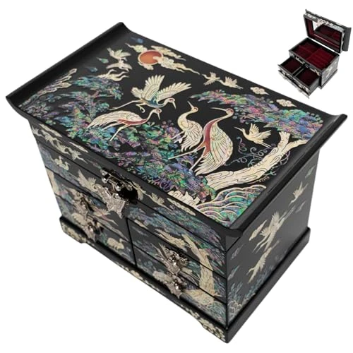 February Mountain Boîte de rangement à bijoux en bois nacré pour femme, avec tiroirs spacieux, idéale pour bagues, bracelets, montres, chaînes, accessoires (fleurs colorées)