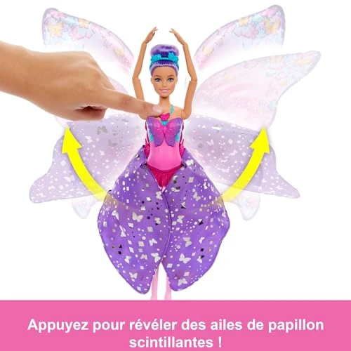Barbie De Danseuse à Papillon Poupée Transformation 2 en 1 avec ailes qui s’ouvrent, cheveux violets, serre-tête et tutu amovible, HXJ10