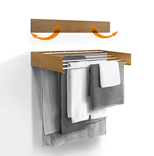 Urban Nouk Etendoir à Linge - Fixation Murale - Rétractable - Étendoir à Linge Pliable pour l'intérieur ou l'extérieur - Économie d'espace - Design Compact et élégant (100 cm Aspect Bois)