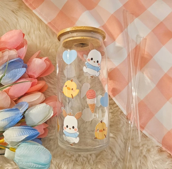 Cute Pochacco Glass Cup with Bamboo Lid and Glass Straw