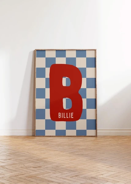 Custom Initial Name Print, Personalized Checkered Poster, Baby Boy Room Decor, Gifts for Boy, Nursery Wall Art, Digital Download