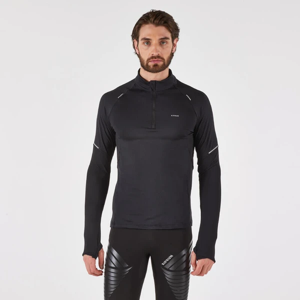 T-shirt manches longues demi zip chaud Homme, Kiprun run 500 warm noir