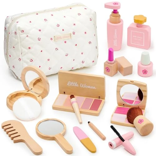 Faux Maquillage Enfant Fille en Bois Maquillage Enfant Jouet Maquillage Malette Accessoires Jeux de Maquillage Coffret Jouet Fille Princesse Anniversaire Cadeau 3 4 5 6 7 8 Ans