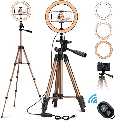 PEYOU 10'' Ring Light avec trépied,LED Anneau Lumineux 50'' trepied avec Support de Téléphone et télécommande,avec 3 Modes d'éclairage 10 Niveaux de luminosité pour Selfie/Live Stream Youtube(Or)