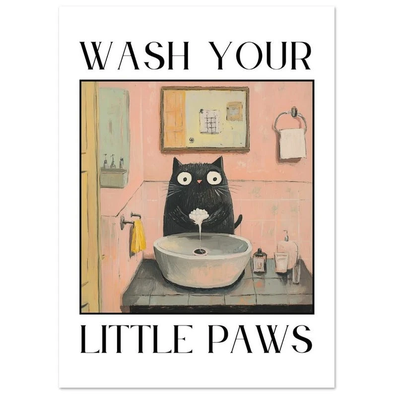 Lavez vos petites pattes Black Cat, poster en papier mat haut de gamme, jolie affiche de salle de bain, impression de salle de bain, affiches d'art de chat, impression de chat, impression sans cadre