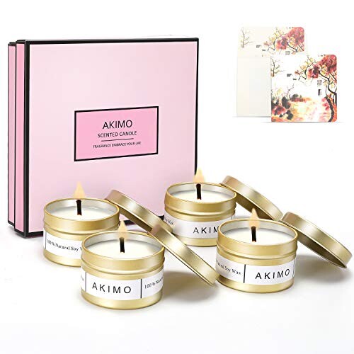 AKIMO Bougie Candle Parfumées Chauffe Plat avec Une Carte de Voeux - 4 Cire Bougie Senteur Campanule Rose Jasmin Lavande, Cire de Soja Naturelle Végétale, Choix Idéal pour Mariage, Anniversaire, Noël
