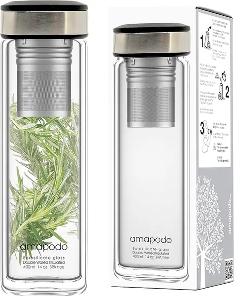 amapodo Bouteille à thé avec passoire – Gourde pour thé 400 ml – Théière à emporter – Bouteille avec infuseur – Bouteille isotherme en verre à double paroi