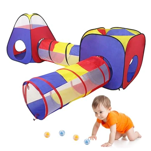  Tunnel Enfant, 4 en 1 Pop Up Tente et Piscine a Balle pour Pliable, Jeux Exterieur et Intérieur Enfant Garçons Filles d'anniversaire Cadeaux de 1 à 7 Ans Rouge