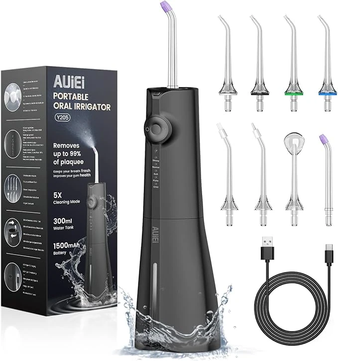 AUIEI Portable Water Flosser Dental Jet Water Flosser, Oral Irrigator 5 Modes and 8 Nozzles, 300ml Tank, USB Charged, IPX7 Waterproof, Sensitive Gum (Black)