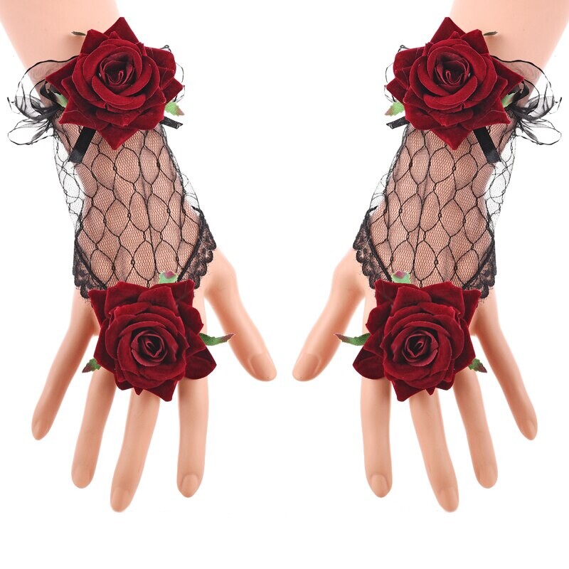 Steampunk – manchettes Lolita Rose ajouré, faux bijou décoratif Vintage manches en dentelle, poignet gothique, accessoires Cosplay