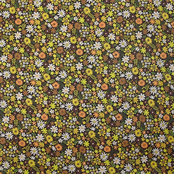 Coton imprimé prairie en fleurs jaune fond marron foncé