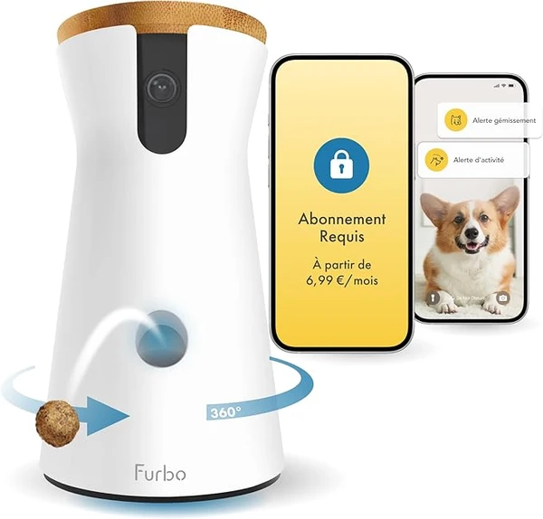 Furbo Caméra pour Chien 360° - Pack avec alertes de sécurité Maison [ABONNEMENT Premium]: Caméra HD Intelligente avec app, Vision Nocturne, Suivi Auto, Lancer de friandises, Alerte aboiement avancée