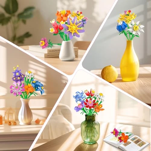Lot de 24 fleurs, cadeaux de fête enfants set de construction – 789 pièces bouquet mini blocs 3,6 mm – prix scolaire, Pâques, petit cadeau Noël, souvenir anniversaire, pour filles et garçons dès 6 ans